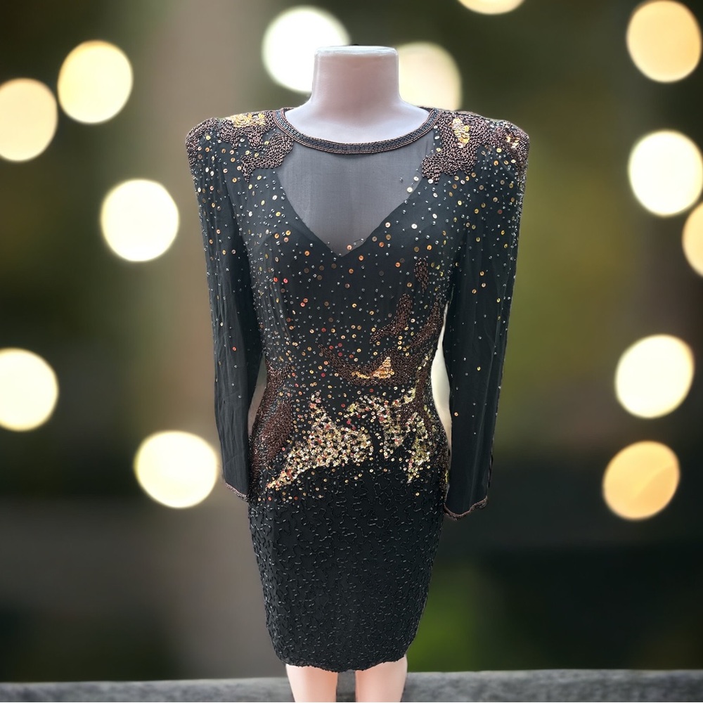 Vintage 80s A.J. Bari Size 6 Black Silk Sequin Beaded Illusion Dress - Picture 2 of 12